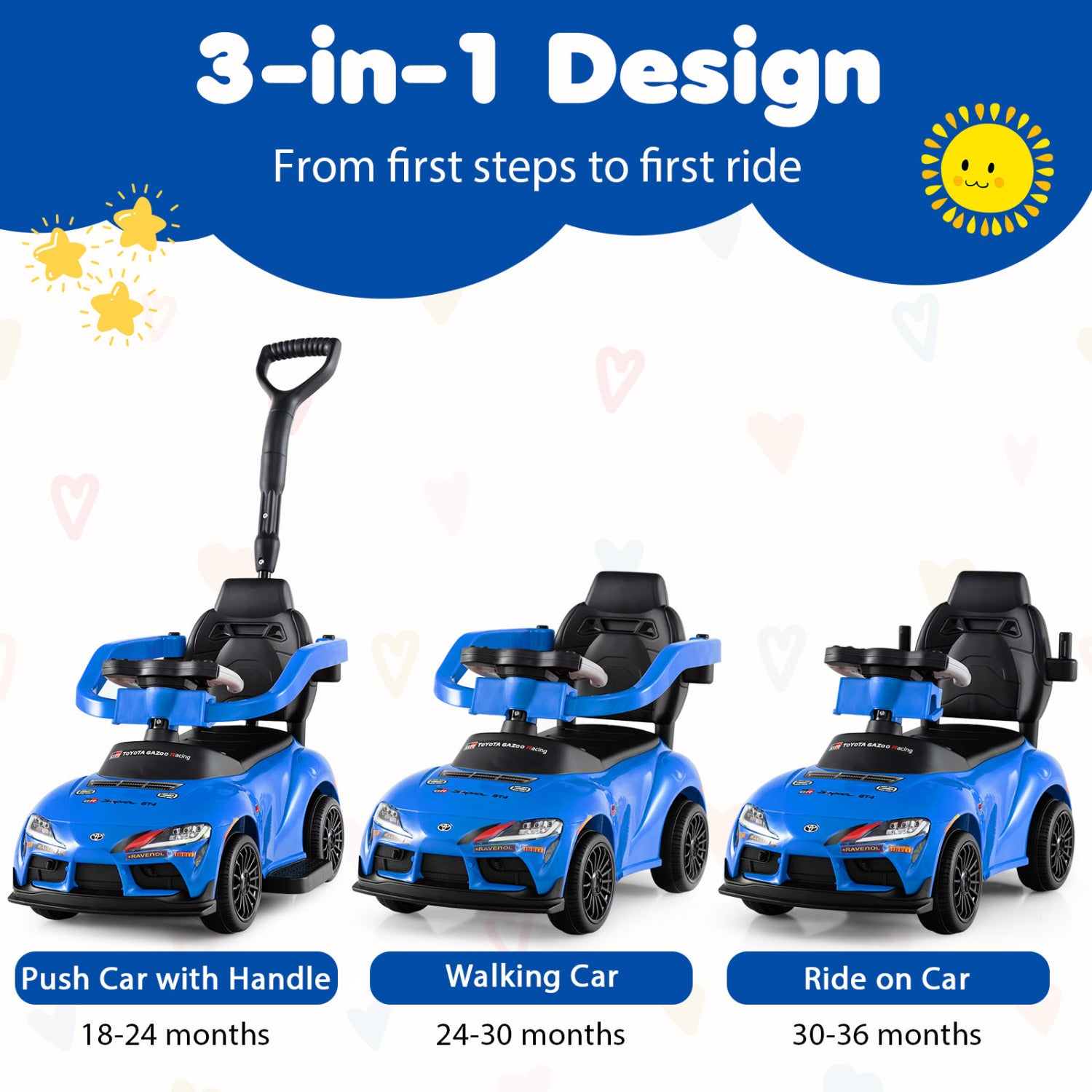 3-in-1 Toyota Licensed Foot-to-Floor Stroller Sliding Walking Toy, Blue Push & Pedal Ride On Toys at Gallery Canada