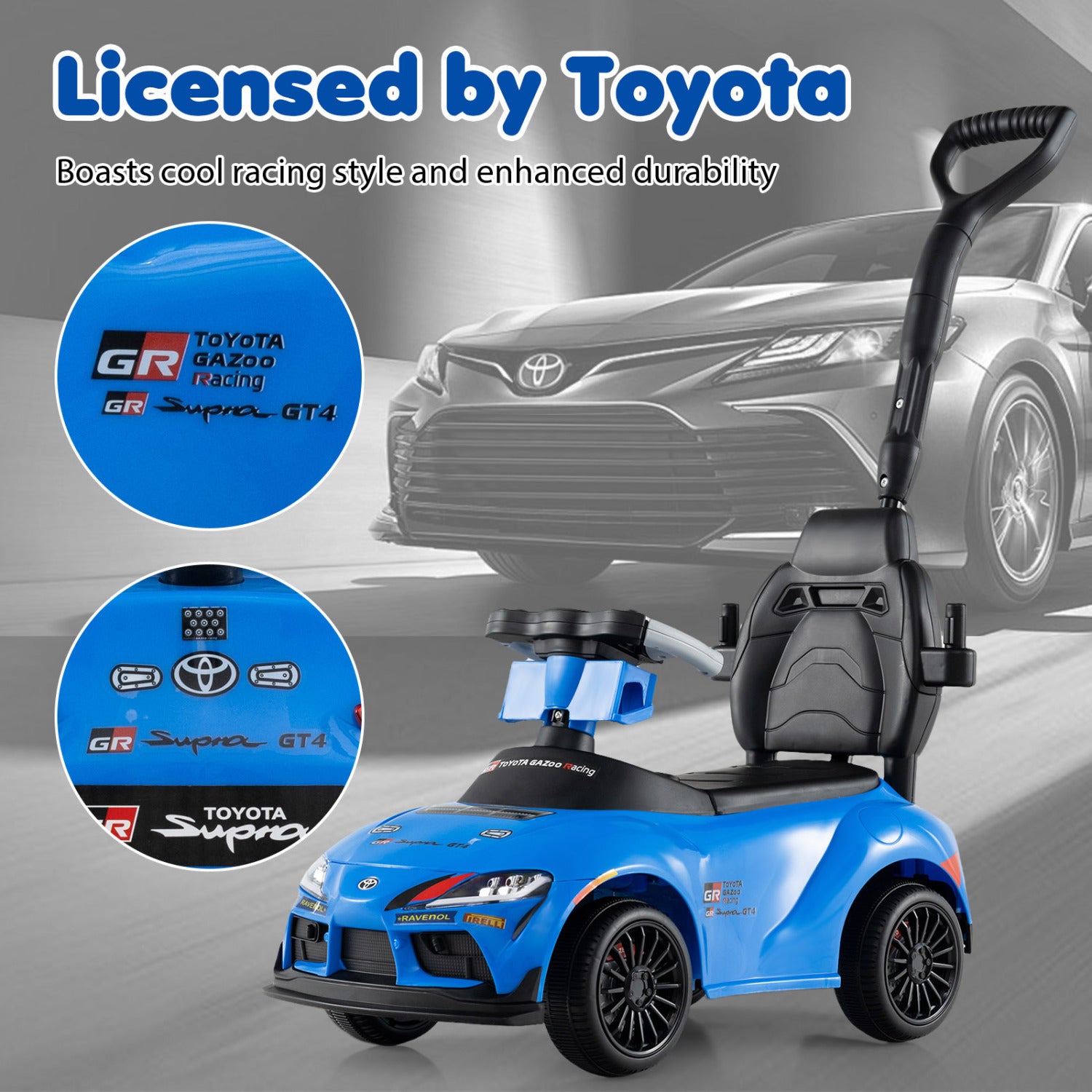 3-in-1 Toyota Licensed Foot-to-Floor Stroller Sliding Walking Toy, Blue Push & Pedal Ride On Toys at Gallery Canada