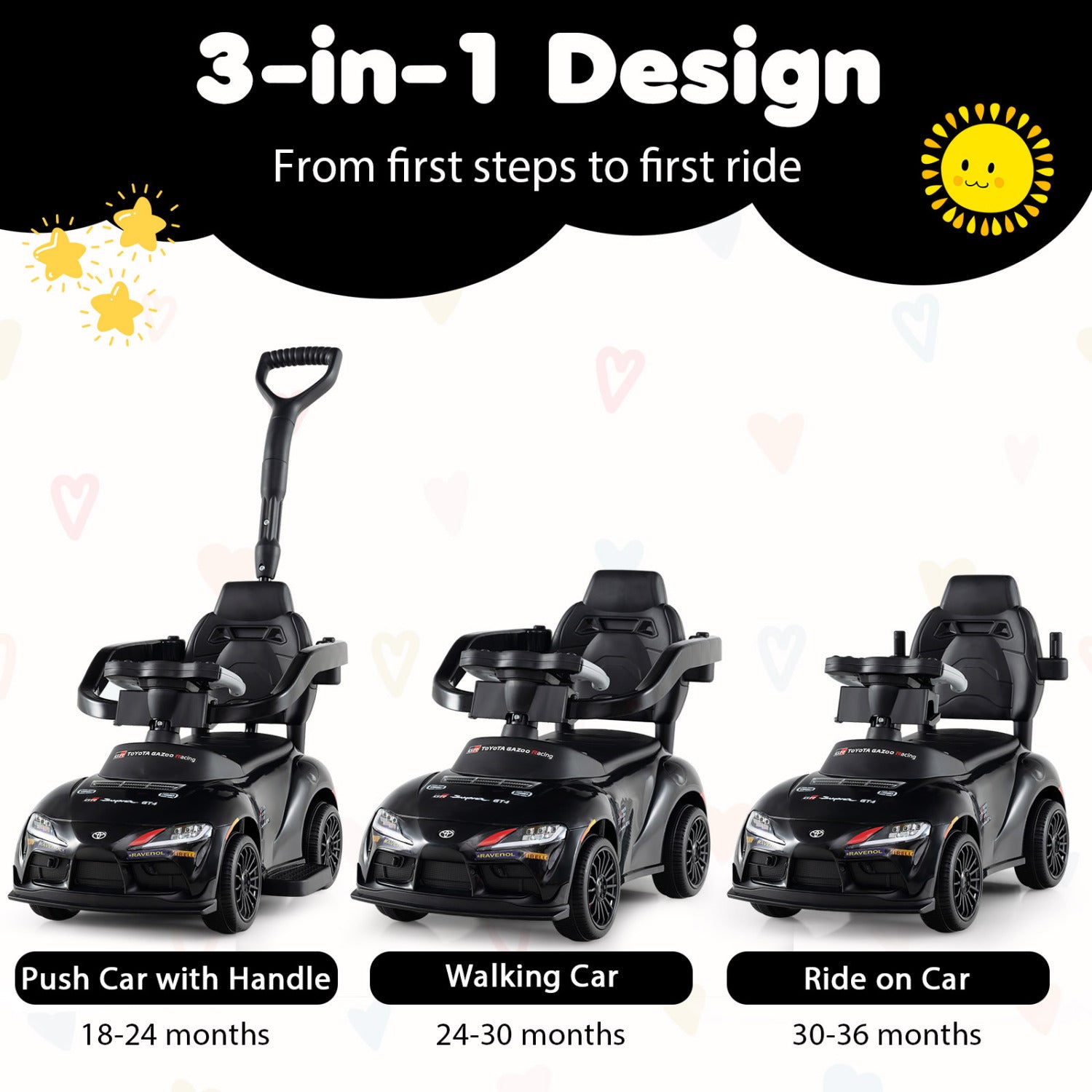 3-in-1 Toyota Licensed Foot-to-Floor Stroller Sliding Walking Toy, Black Push & Pedal Ride On Toys at Gallery Canada