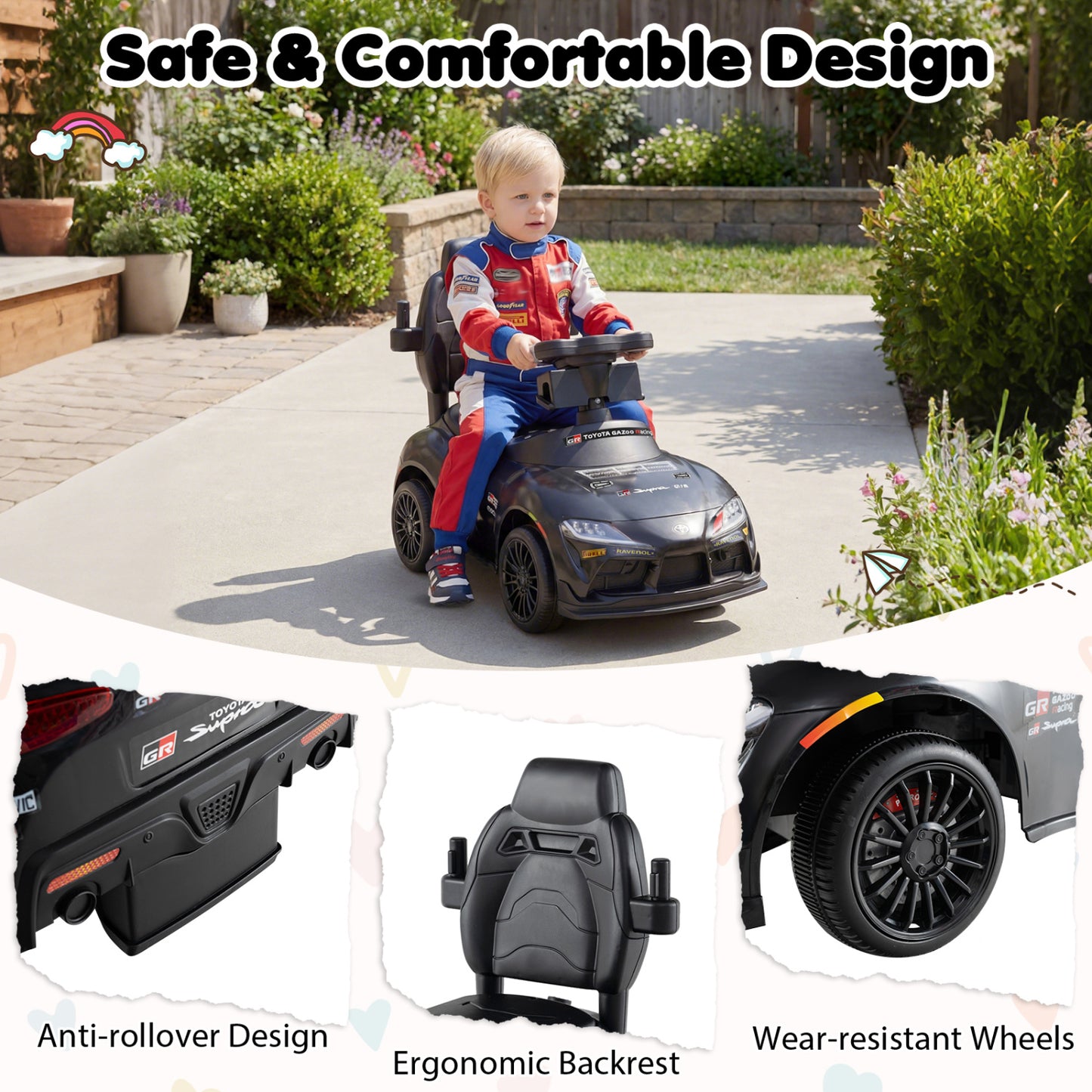 3-in-1 Toyota Licensed Foot-to-Floor Stroller Sliding Walking Toy, Black Push & Pedal Ride On Toys at Gallery Canada