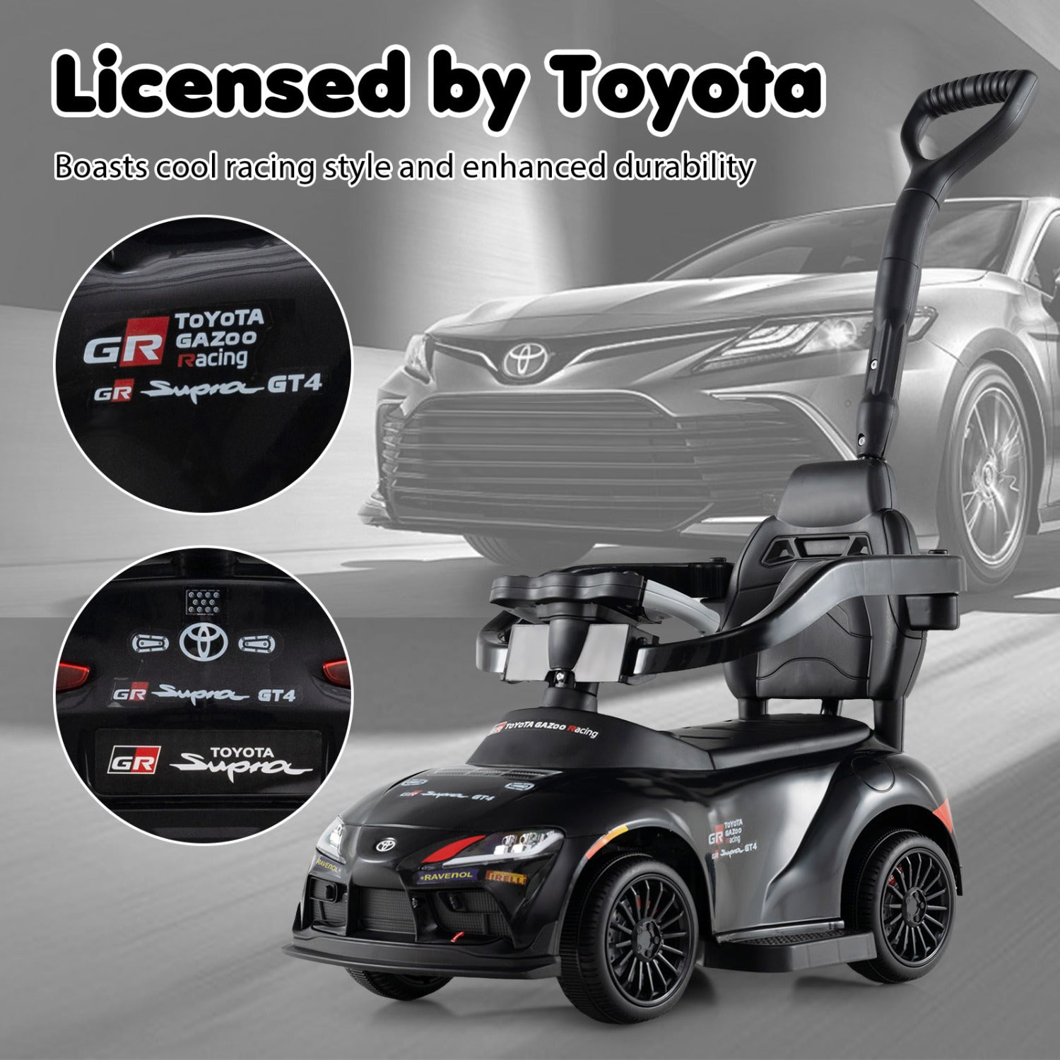 3-in-1 Toyota Licensed Foot-to-Floor Stroller Sliding Walking Toy, Black Push & Pedal Ride On Toys at Gallery Canada