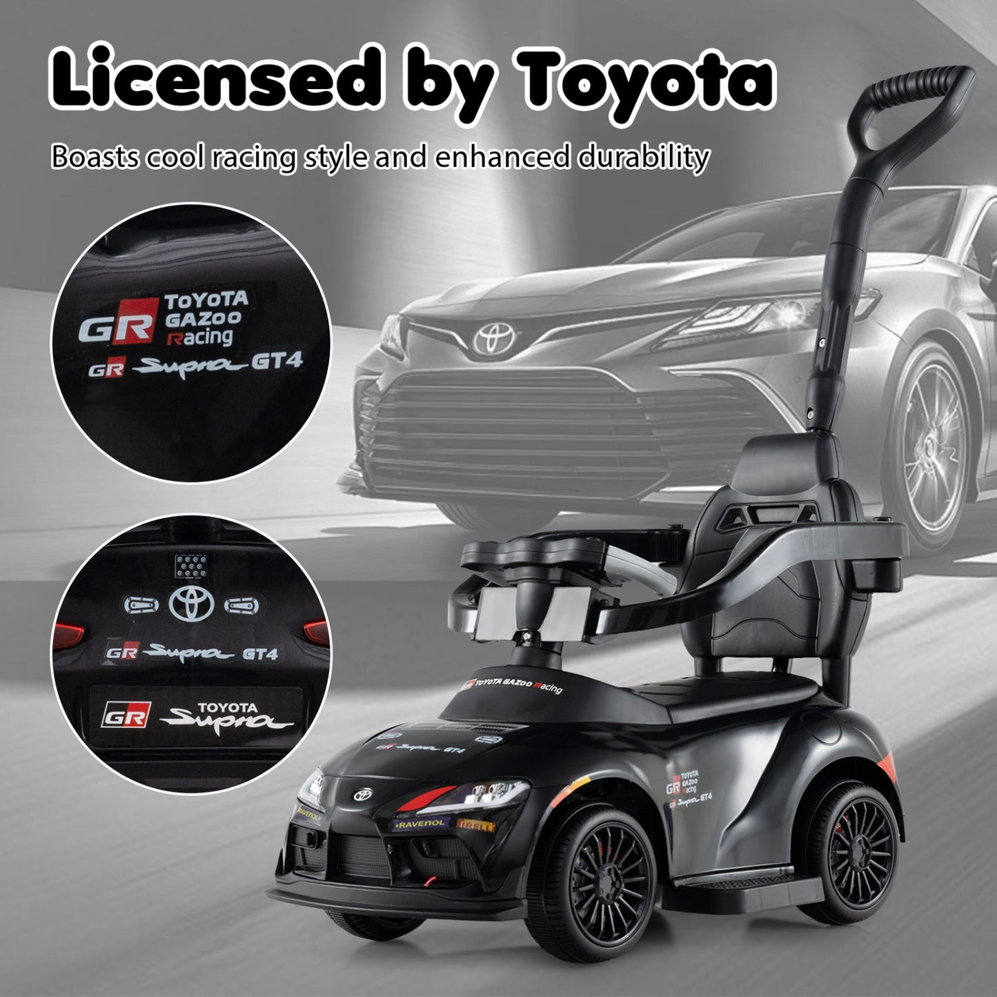 3-in-1 Toyota Licensed Foot-to-Floor Stroller Sliding Walking Toy, Black Push & Pedal Ride On Toys at Gallery Canada