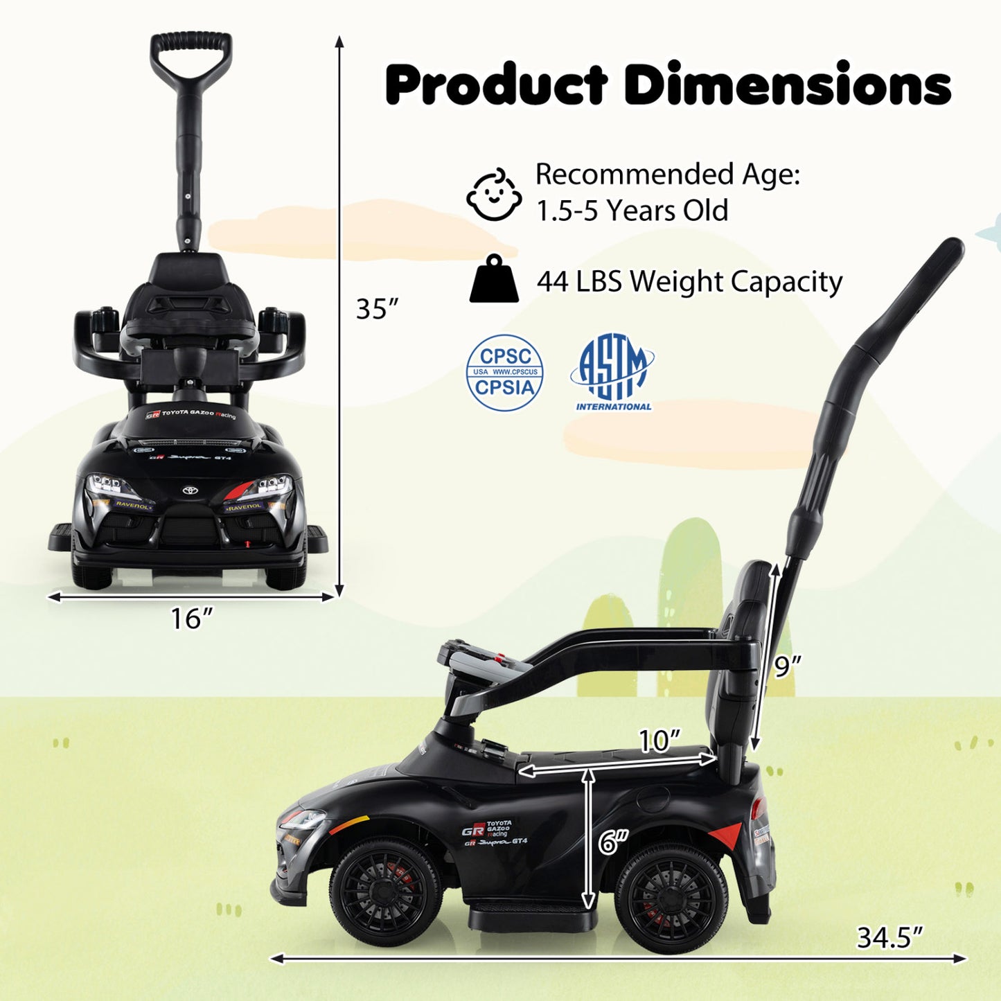 3-in-1 Toyota Licensed Foot-to-Floor Stroller Sliding Walking Toy, Black Push & Pedal Ride On Toys at Gallery Canada