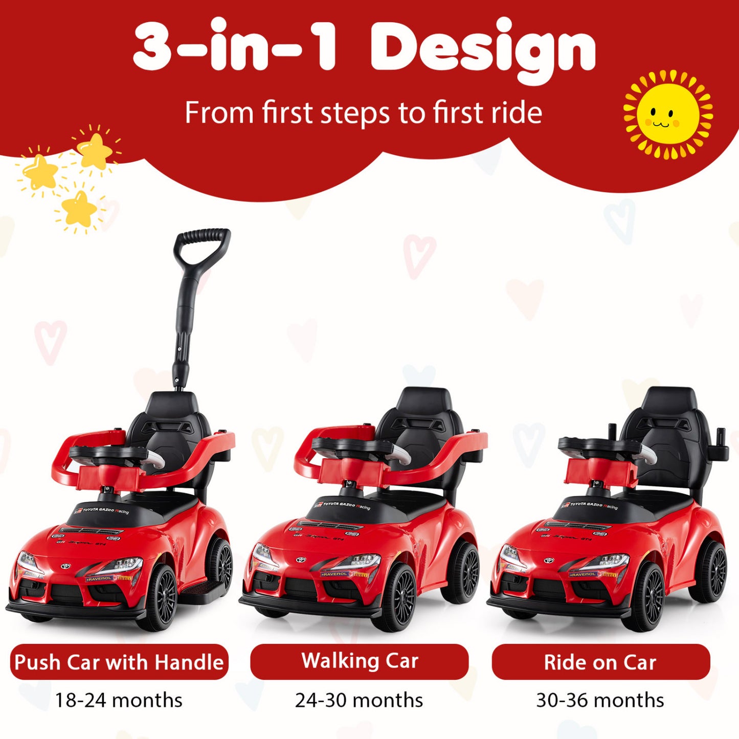 3-in-1 Toyota Licensed Foot-to-Floor Stroller Sliding Walking Toy, Red Push & Pedal Ride On Toys at Gallery Canada