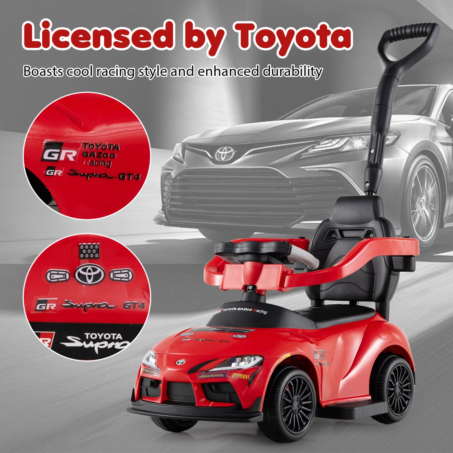 3-in-1 Toyota Licensed Foot-to-Floor Stroller Sliding Walking Toy, Red Push & Pedal Ride On Toys at Gallery Canada