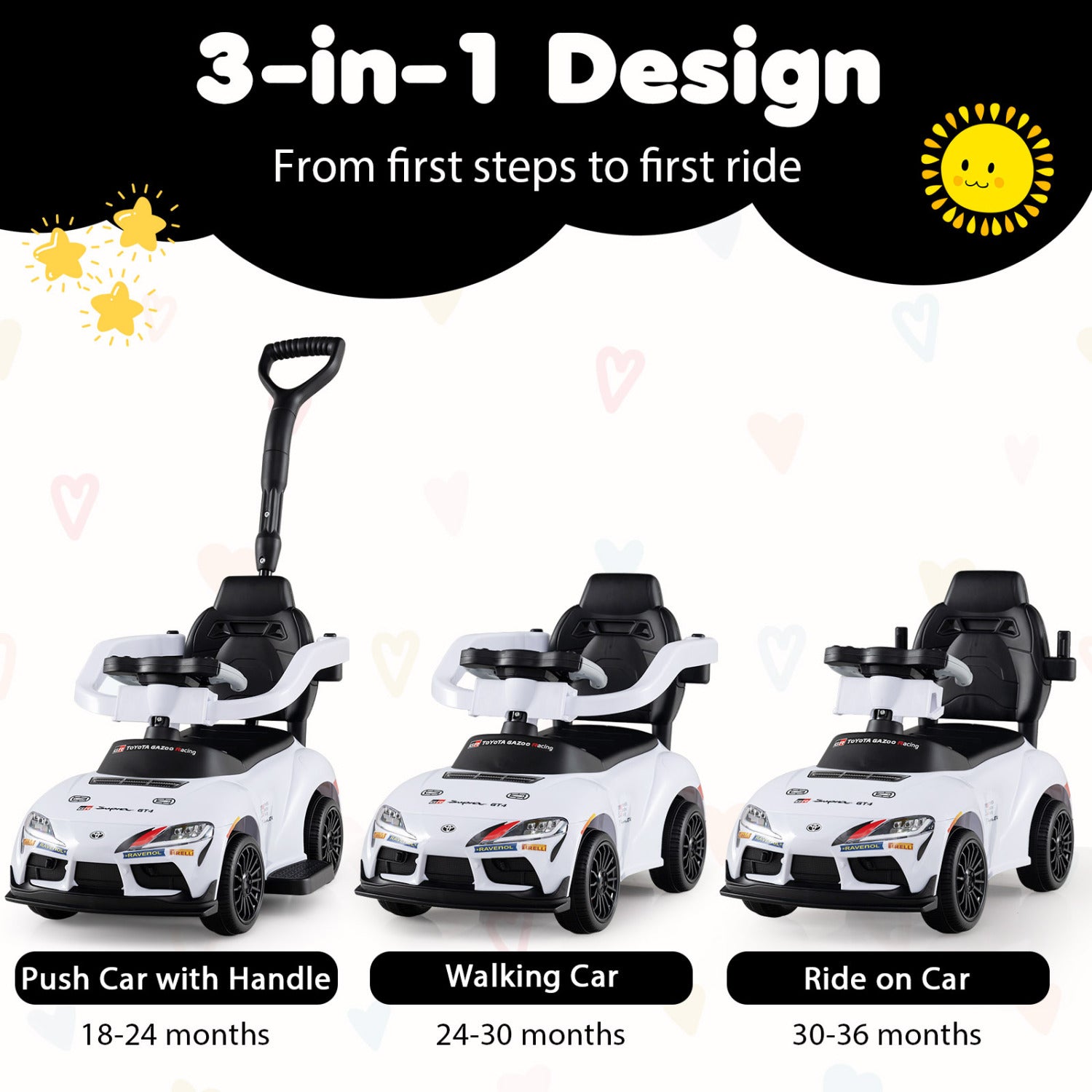 3-in-1 Toyota Licensed Foot-to-Floor Stroller Sliding Walking Toy, White Push & Pedal Ride On Toys at Gallery Canada
