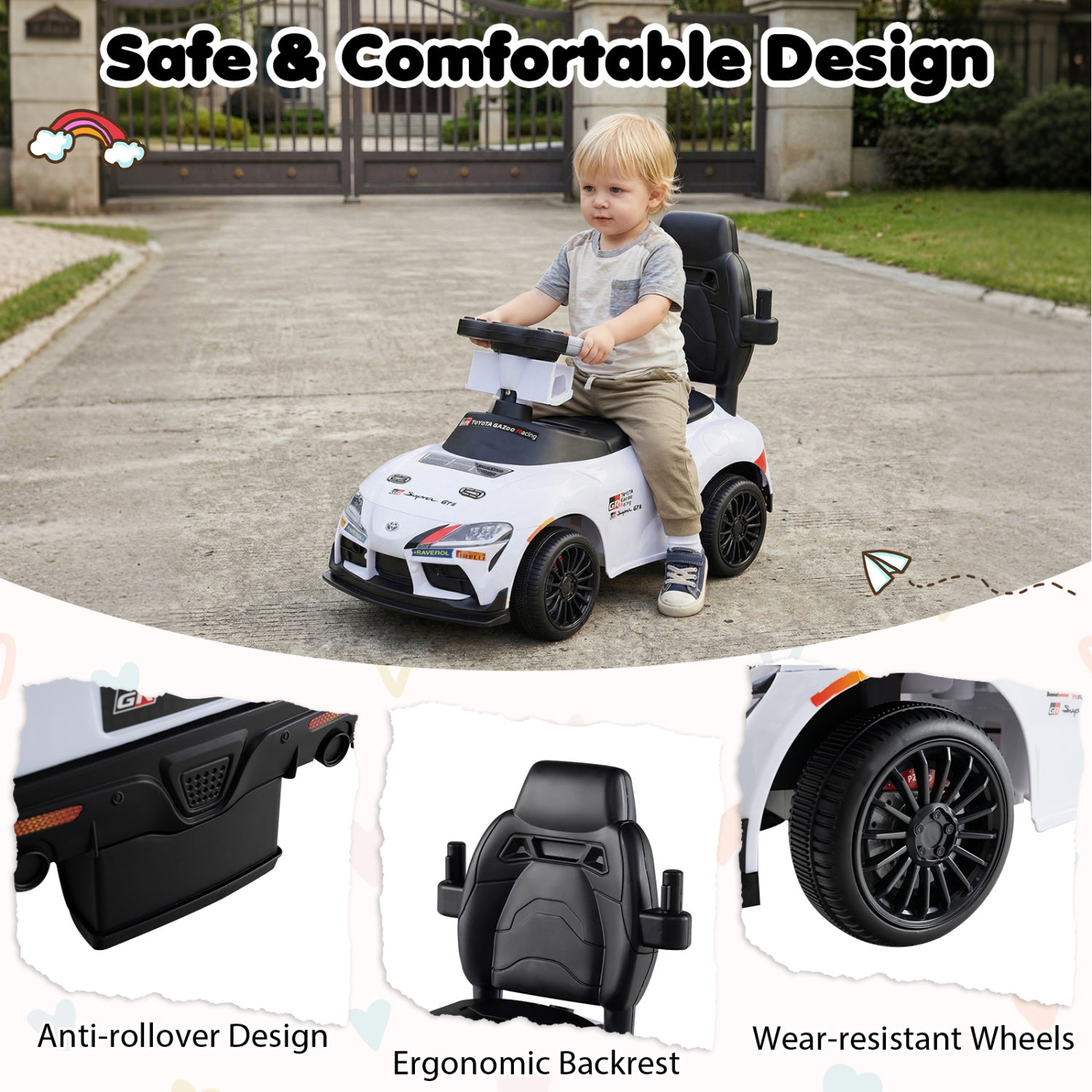 3-in-1 Toyota Licensed Foot-to-Floor Stroller Sliding Walking Toy, White Push & Pedal Ride On Toys at Gallery Canada