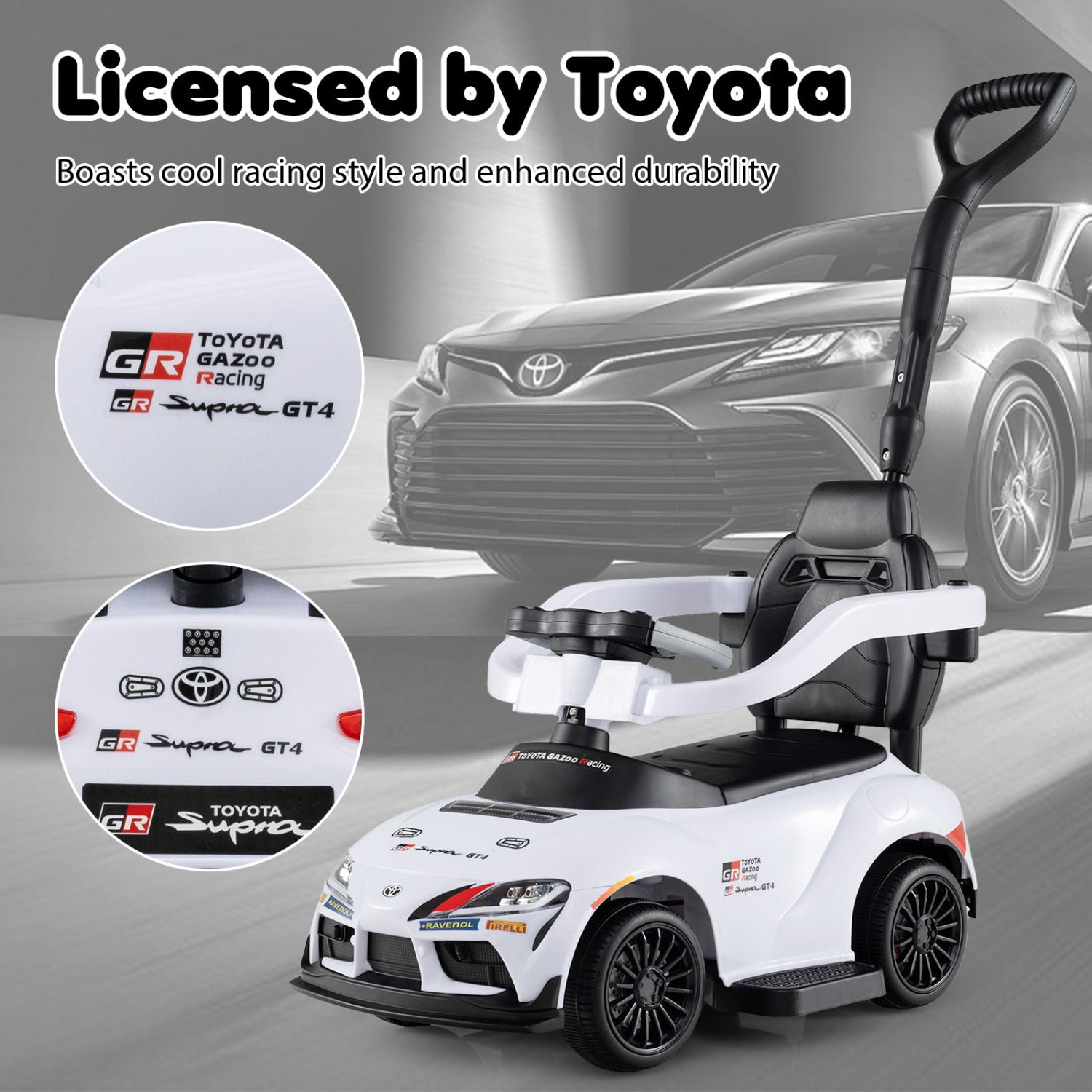 3-in-1 Toyota Licensed Foot-to-Floor Stroller Sliding Walking Toy, White Push & Pedal Ride On Toys at Gallery Canada