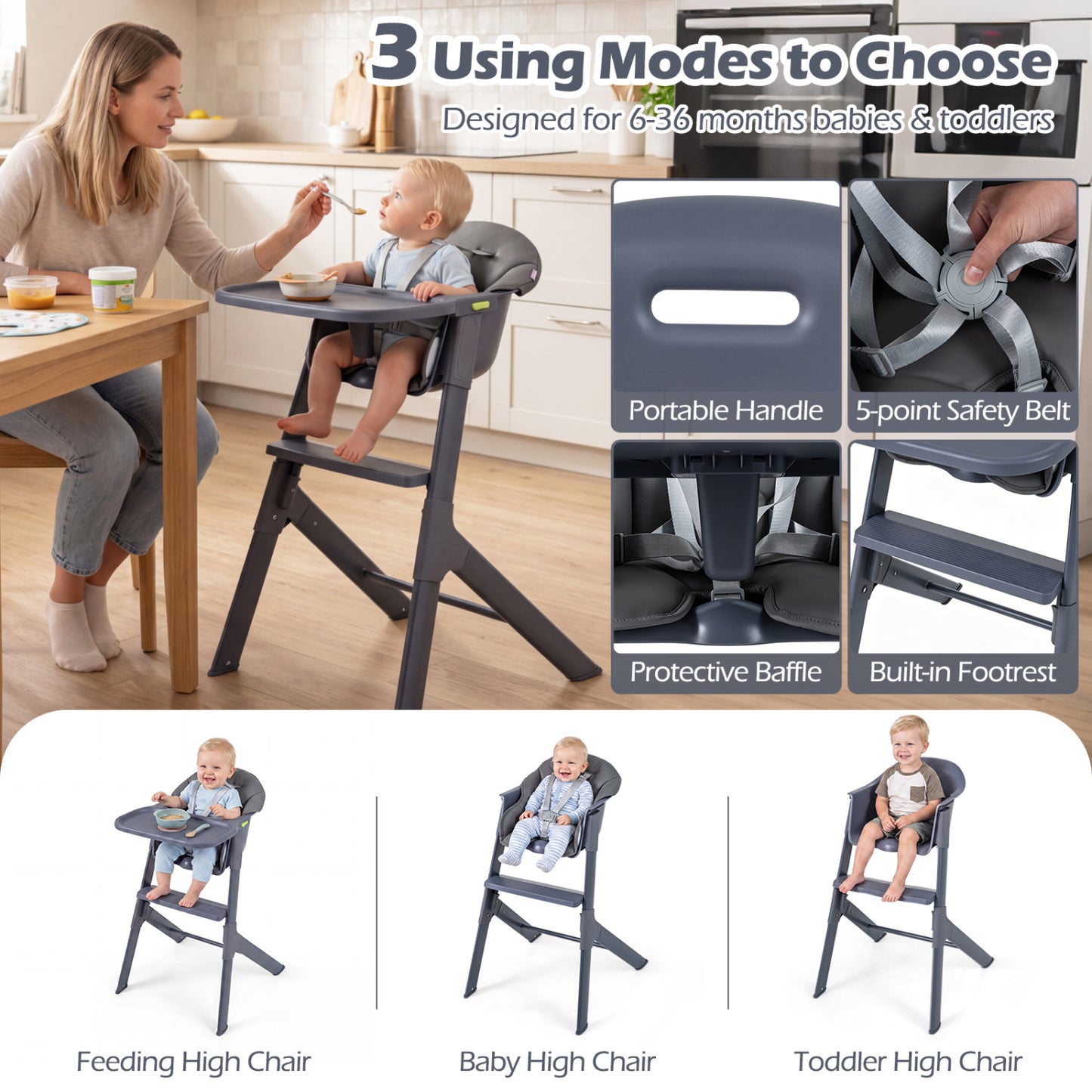 3-In-1 Washable Baby High Chair With Tray, Gray High Chairs at Gallery Canada