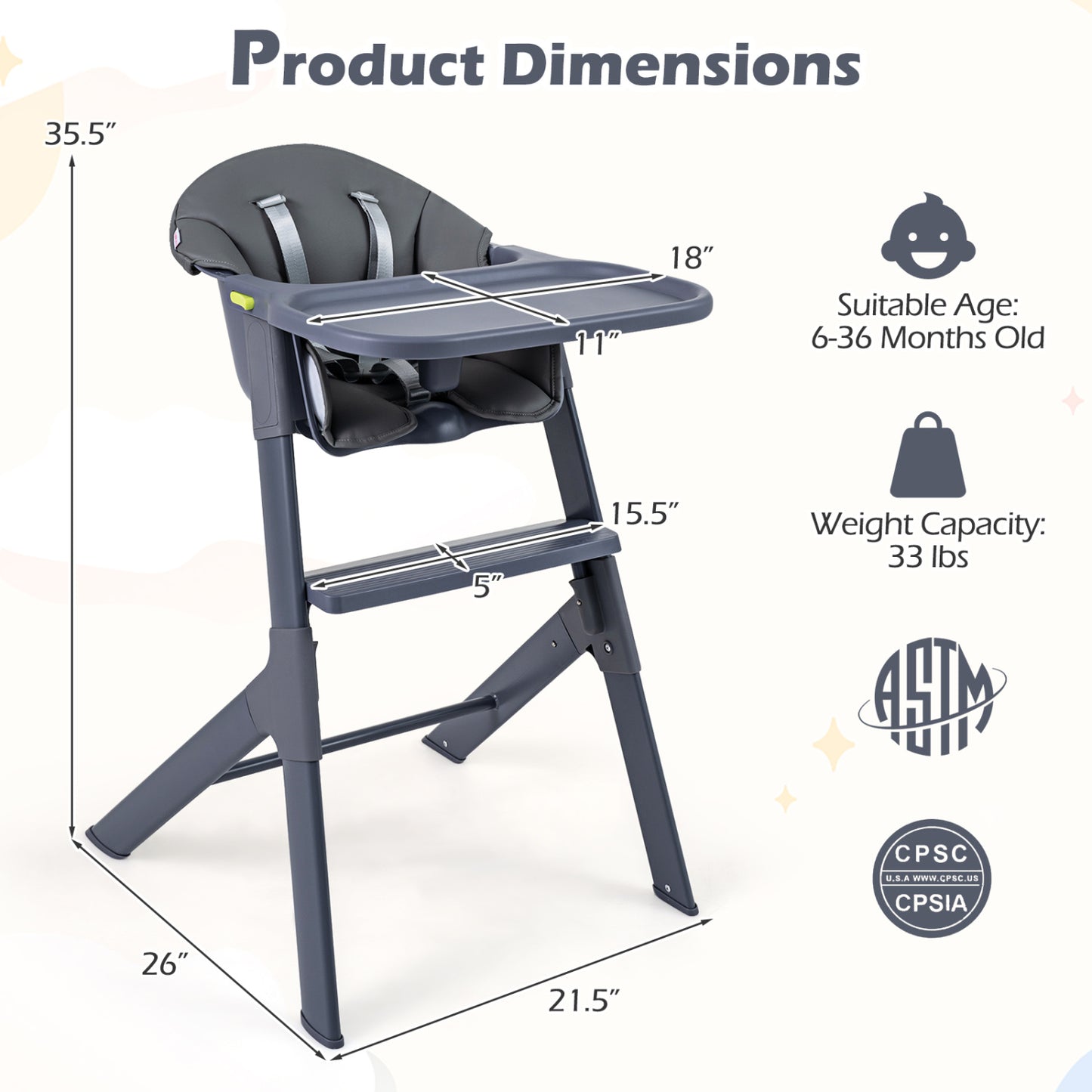3-In-1 Washable Baby High Chair With Tray, Gray High Chairs at Gallery Canada