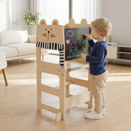 3-in-1 Wooden Kids Kitchen Step Stool With Blackboard, Black & White
