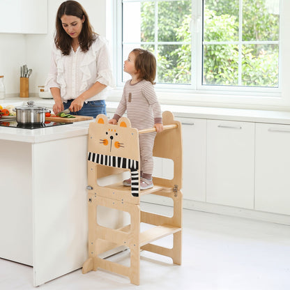 3-in-1 Wooden Kids Kitchen Step Stool With Blackboard, Black & White
