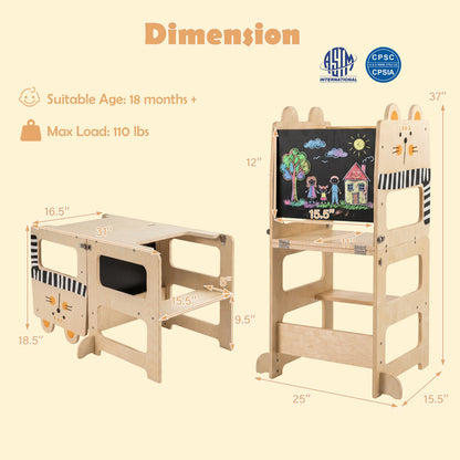 3-in-1 Wooden Kids Kitchen Step Stool With Blackboard, Black & White