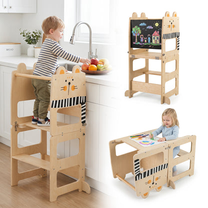 3-in-1 Wooden Kids Kitchen Step Stool With Blackboard, Black & White