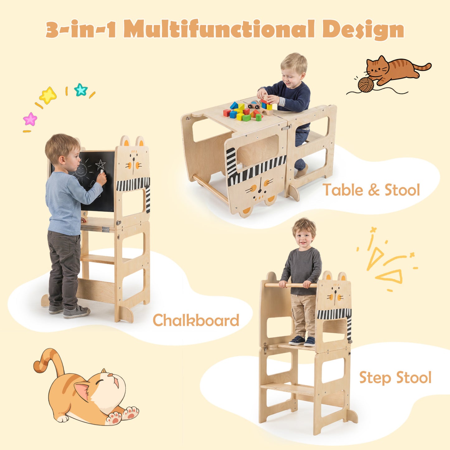 3-in-1 Wooden Kids Kitchen Step Stool With Blackboard, Black & White