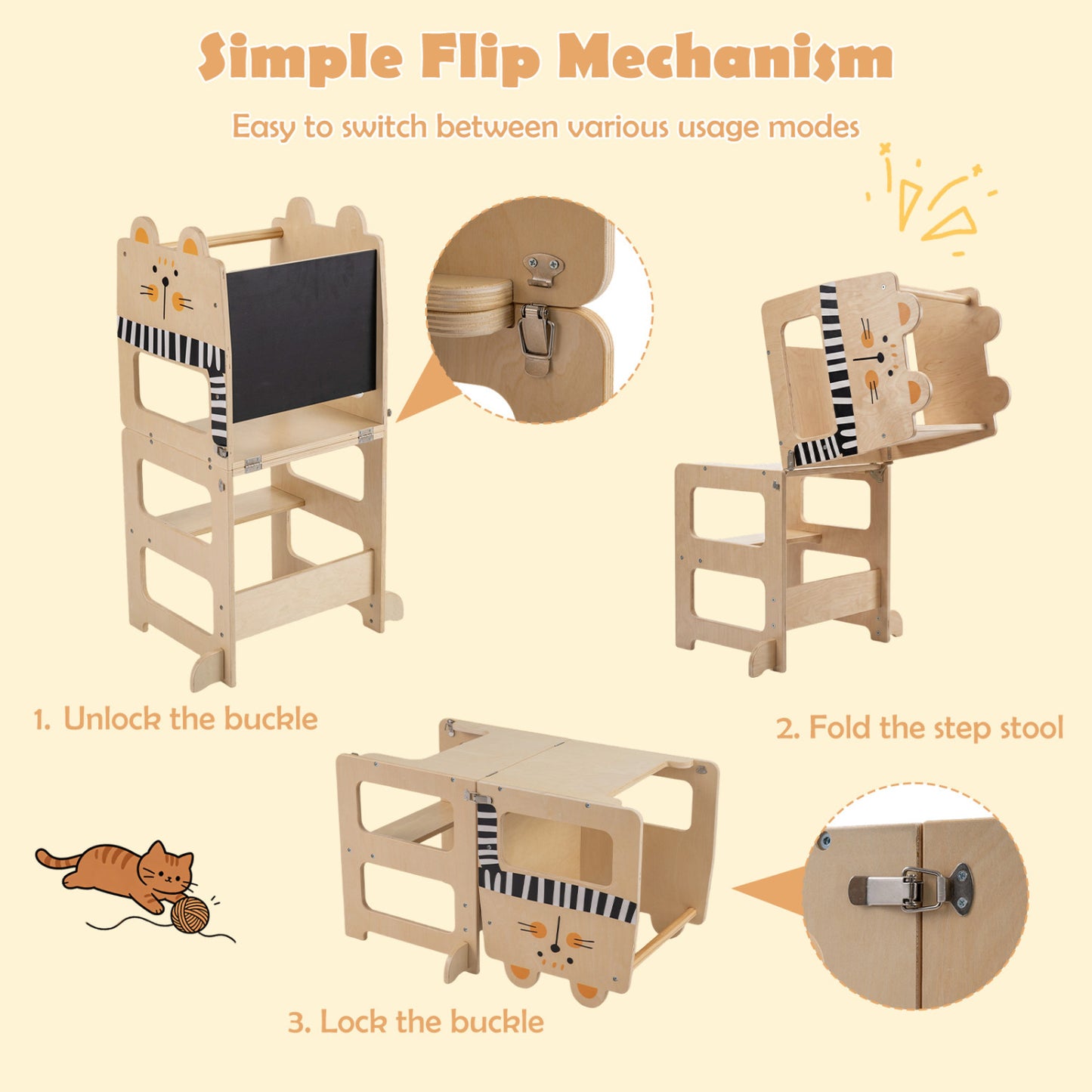 3-in-1 Wooden Kids Kitchen Step Stool With Blackboard, Black & White