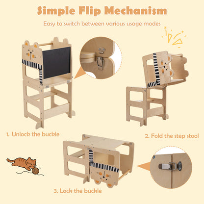 3-in-1 Wooden Kids Kitchen Step Stool With Blackboard, Black & White