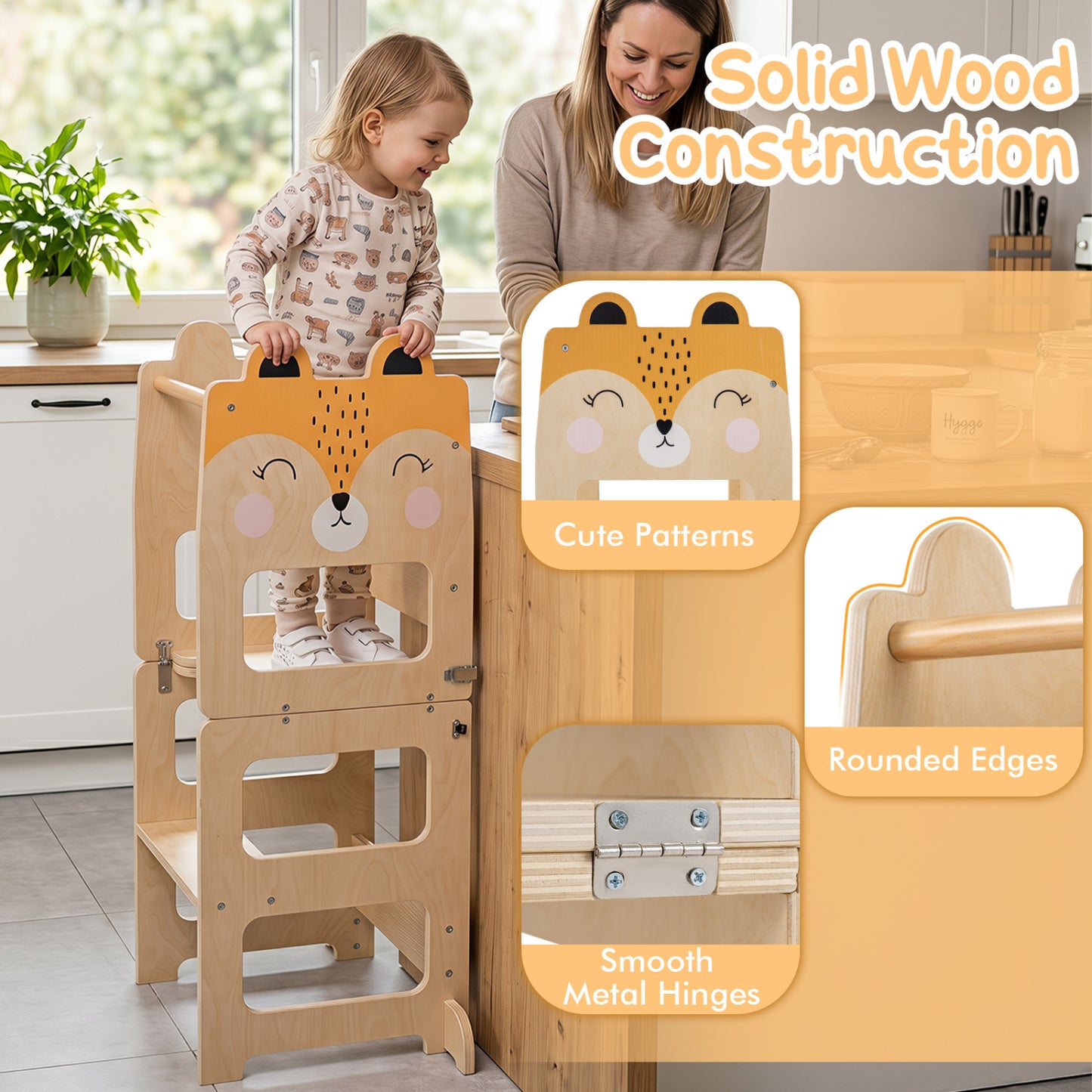 3-in-1 Wooden Kids Kitchen Step Stool, Orange
