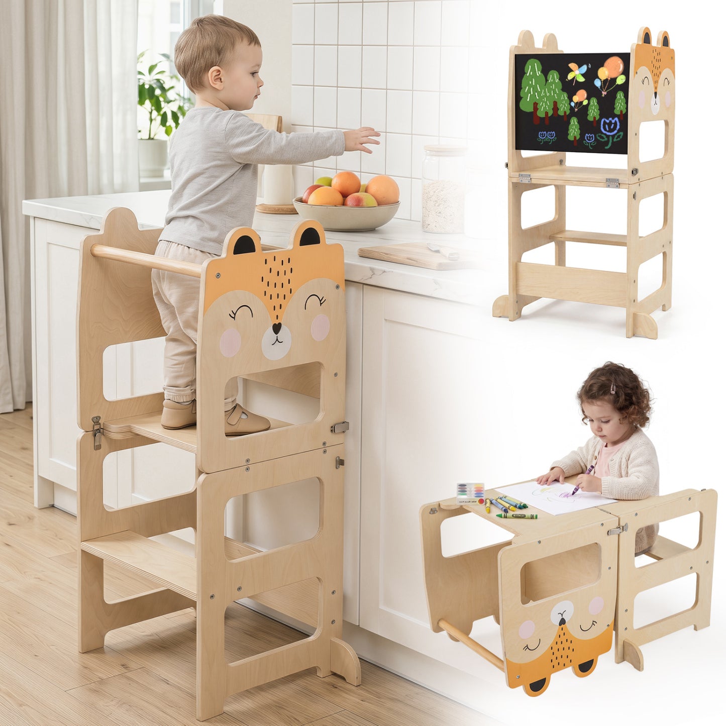 3-in-1 Wooden Kids Kitchen Step Stool, Orange