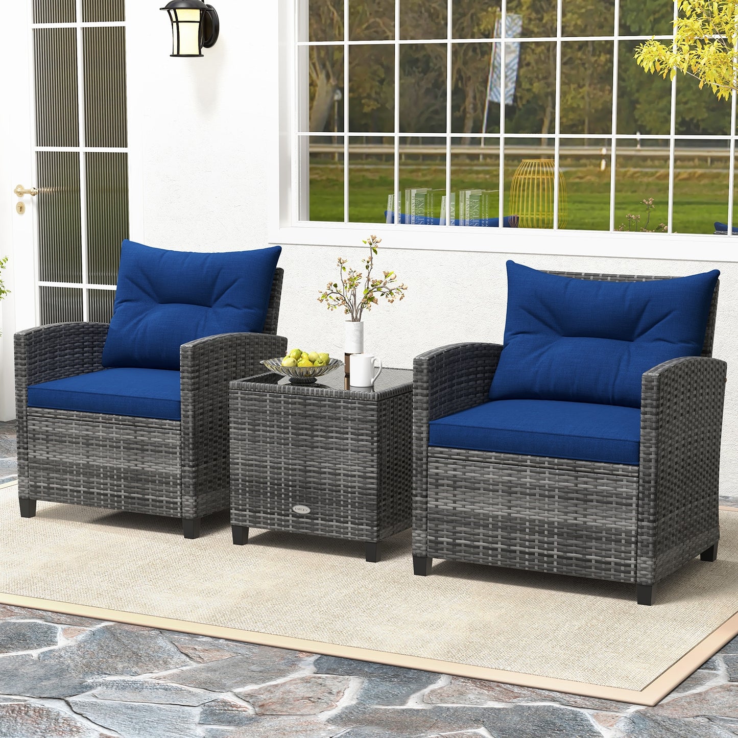 3 Pieces Outdoor Wicker Conversation Set with Tempered Glass Tabletop, Navy Patio Conversation Sets at Gallery Canada