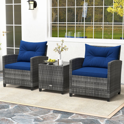 3 Pieces Outdoor Wicker Conversation Set with Tempered Glass Tabletop, Navy Patio Conversation Sets at Gallery Canada
