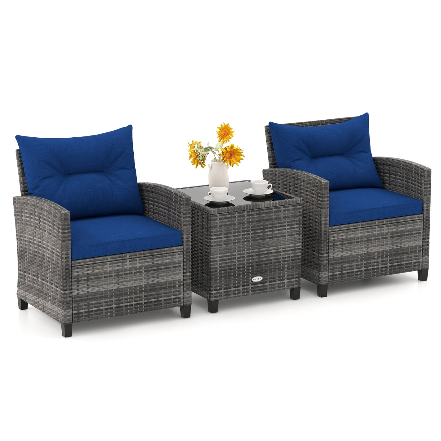 3 Pieces Outdoor Wicker Conversation Set with Tempered Glass Tabletop, Navy Patio Conversation Sets at Gallery Canada