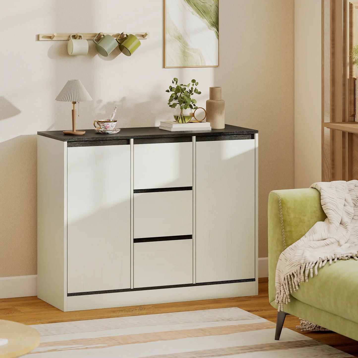 Buffet Cabinet, Soft Close Hinges, 3 Drawers, 2 Shelves, White Wood Grain Storage Cabinets at Gallery Canada