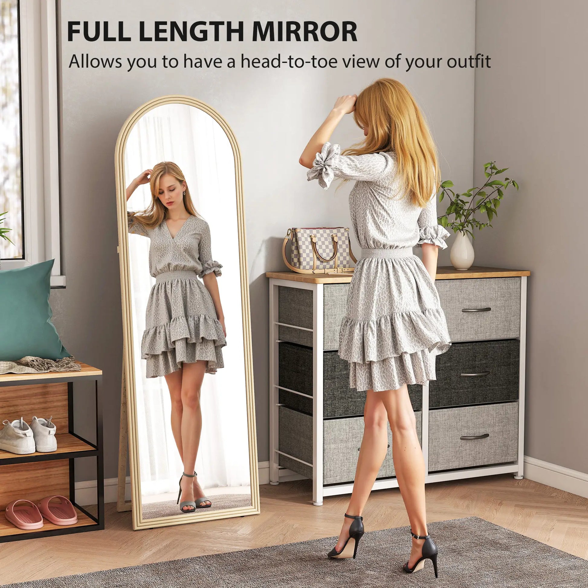 64" x 21" Full Length Mirror, Arched Faux Stone Frame, Beige Full Length Mirrors at Gallery Canada