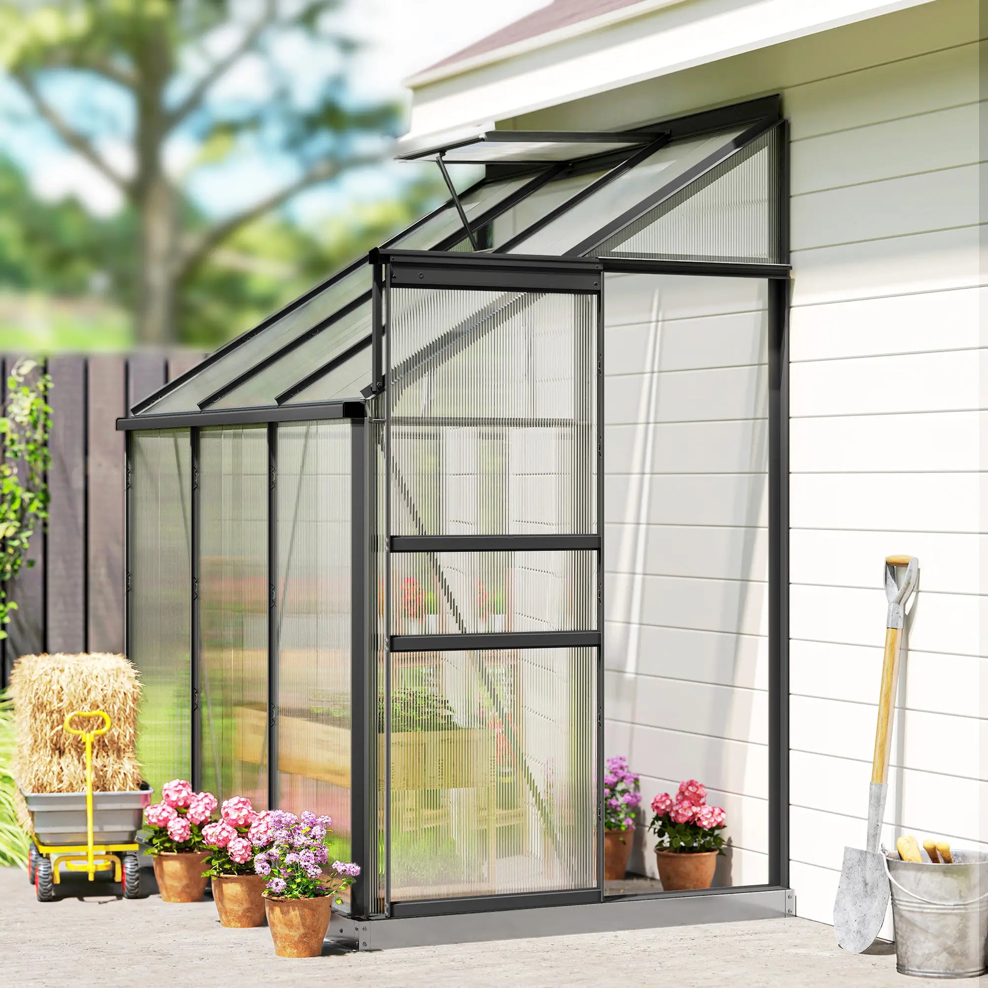 Aluminum Lean-To Greenhouse, Polycarbonate Walk-In, 6' x 4', Dark Grey Walk In Greenhouses Dark Grey, Clear at Gallery Canada