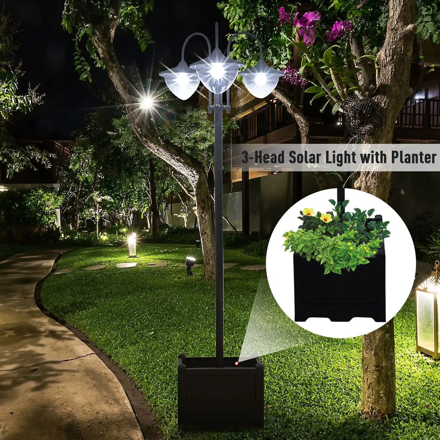 3-Têtes LED Solaire Lumière, Lampadaire avec Jardinière, Noir