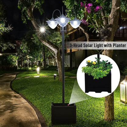 3-Têtes LED Solaire Lumière, Lampadaire avec Jardinière, Noir