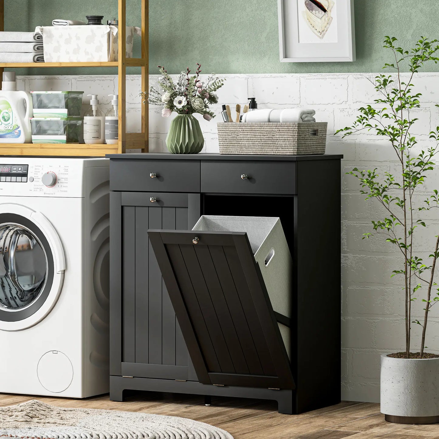 Laundry Cabinet, Tilt Out Hamper with 2 Baskets, 2 Drawers, Black Bathroom Cabinets at Gallery Canada