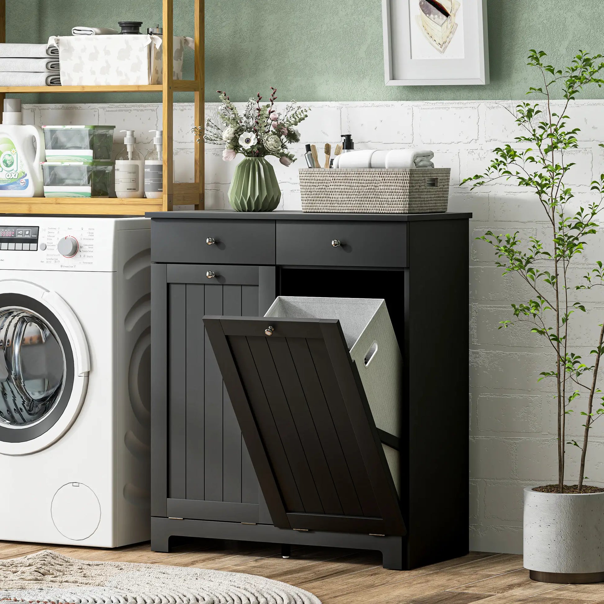 Laundry Cabinet, Tilt Out Hamper with 2 Baskets, 2 Drawers, Black Bathroom Cabinets at Gallery Canada