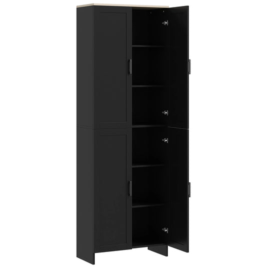 67" 4-Door Kitchen Pantry Cabinet, Adjustable Shelves, Black Kitchen Pantry Cabinets Black and Natural Wood Effect Top at Gallery Canada