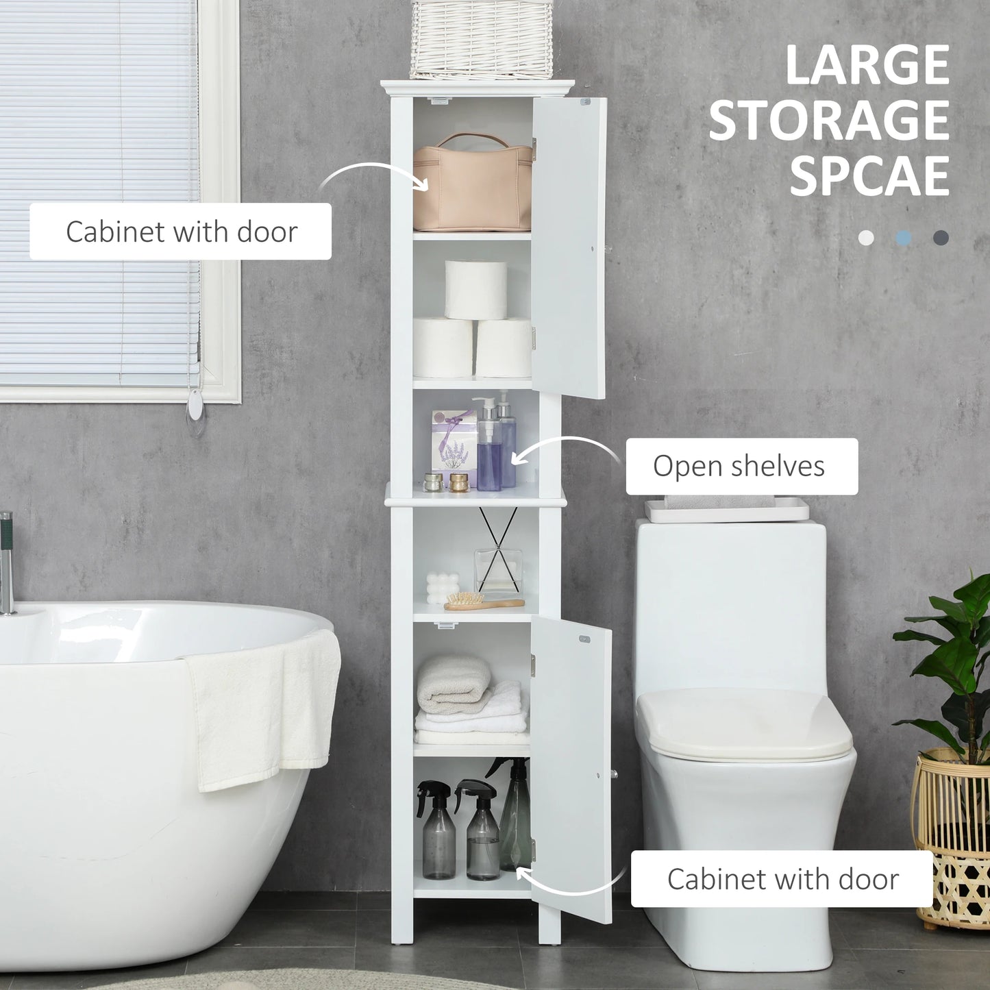 Freestanding Bathroom Cabinet, Open Shelves, 13.8" x 11.8" x 62.4", White Bathroom Cabinets at Gallery Canada
