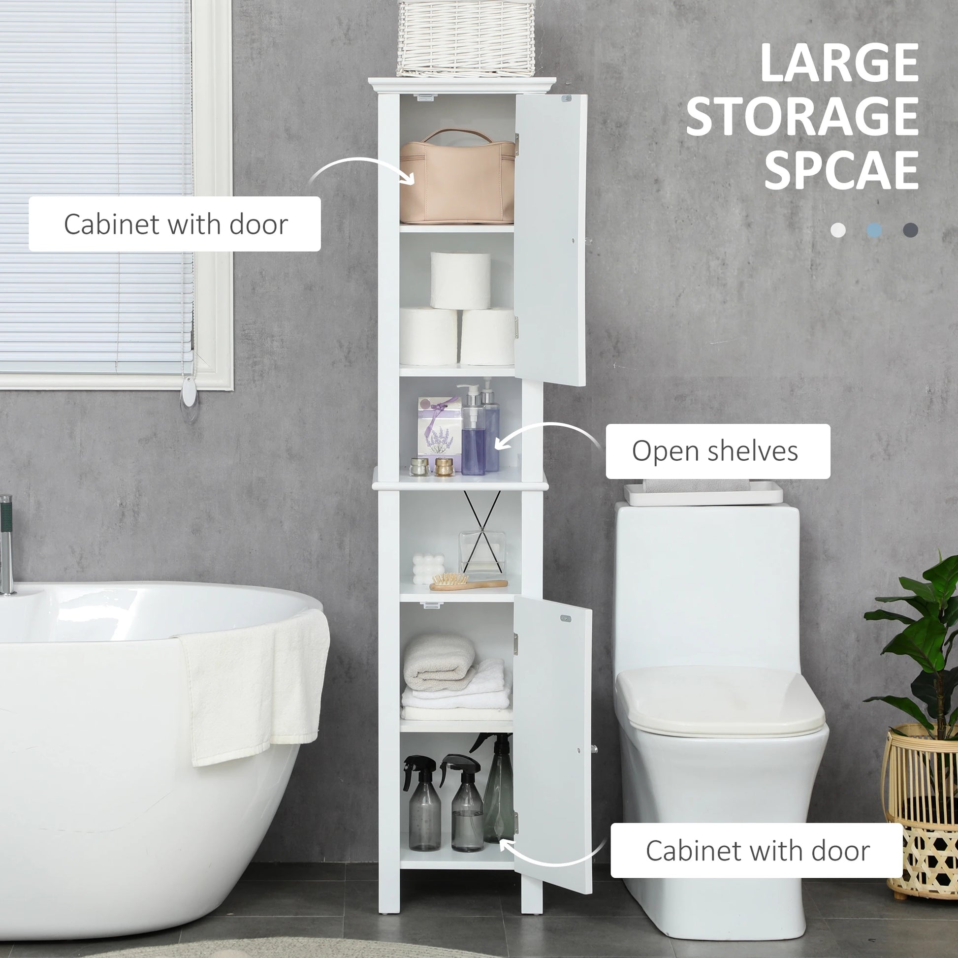Freestanding Bathroom Cabinet, Open Shelves, 13.8" x 11.8" x 62.4", White Bathroom Cabinets at Gallery Canada