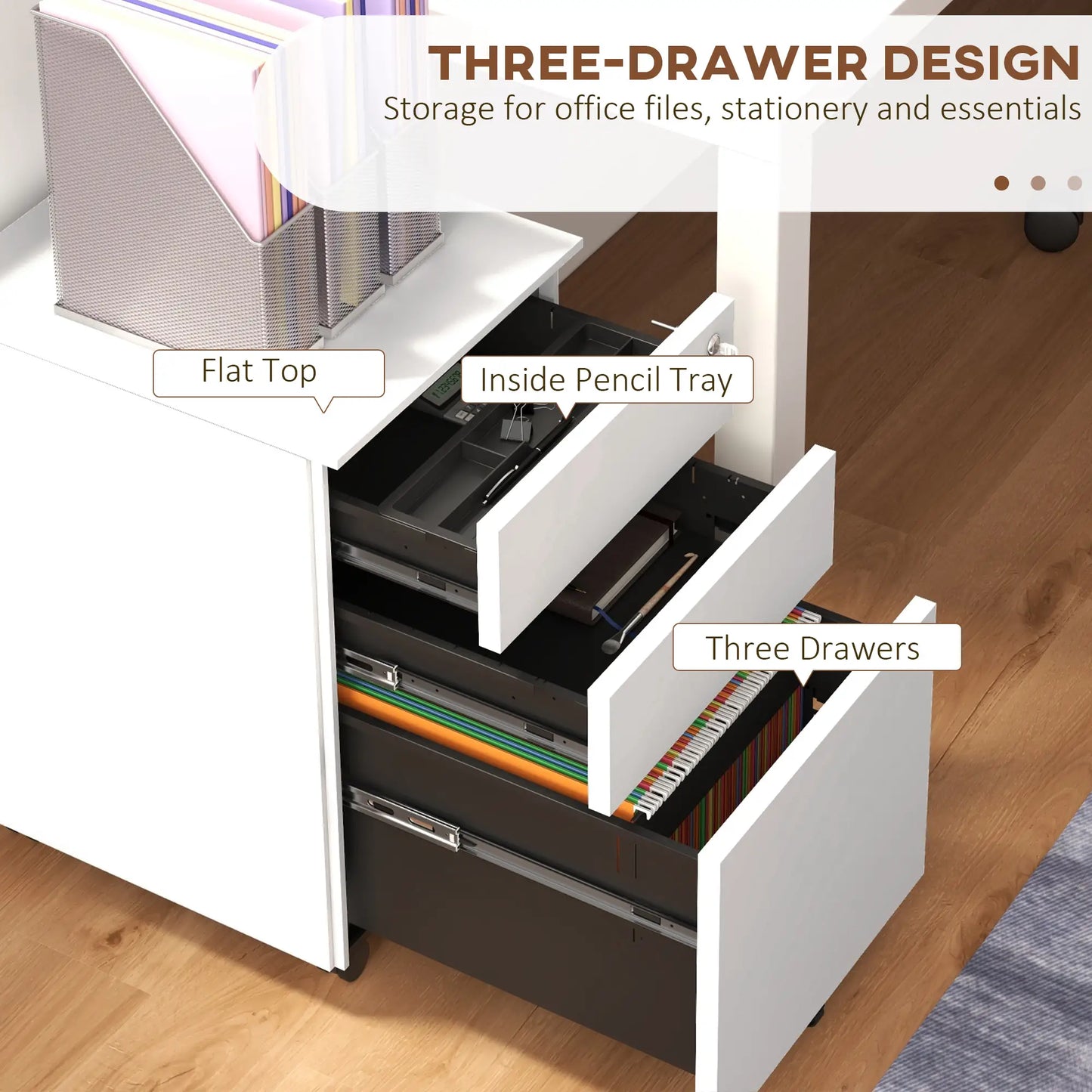 3-Drawer Steel Filing Cabinet on Wheels, Lockable, Adjustable Hanging Bar, White Office Cabinets & Cupboards at Gallery Canada