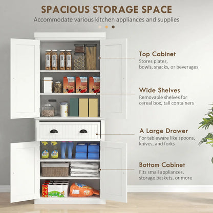 72" Kitchen Pantry, Storage Cabinet with Drawer, Doors, Cream White