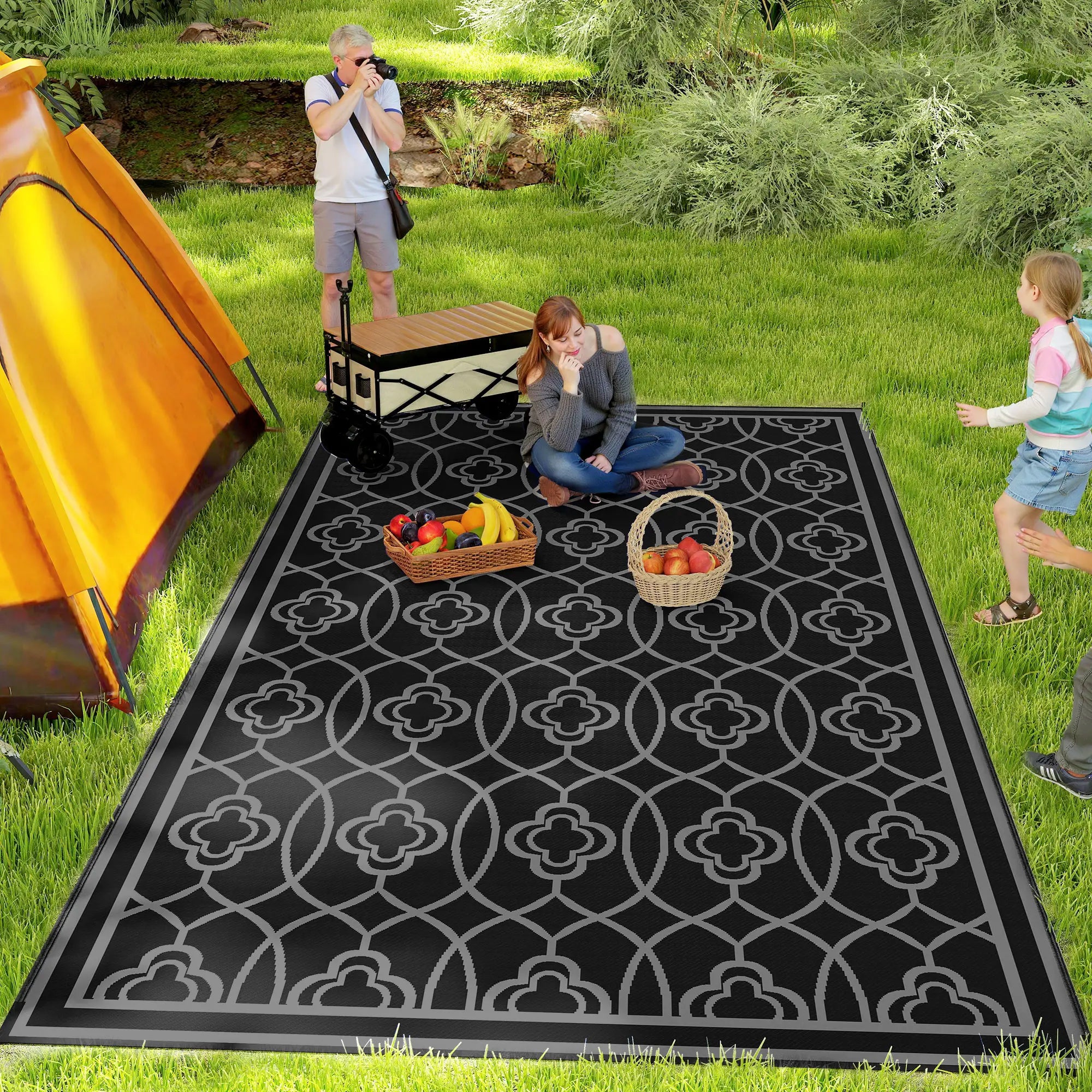 9' x 18' Outdoor RV Rug, Reversible Patio Floor Mat, Black and Grey Garden Decor at Gallery Canada