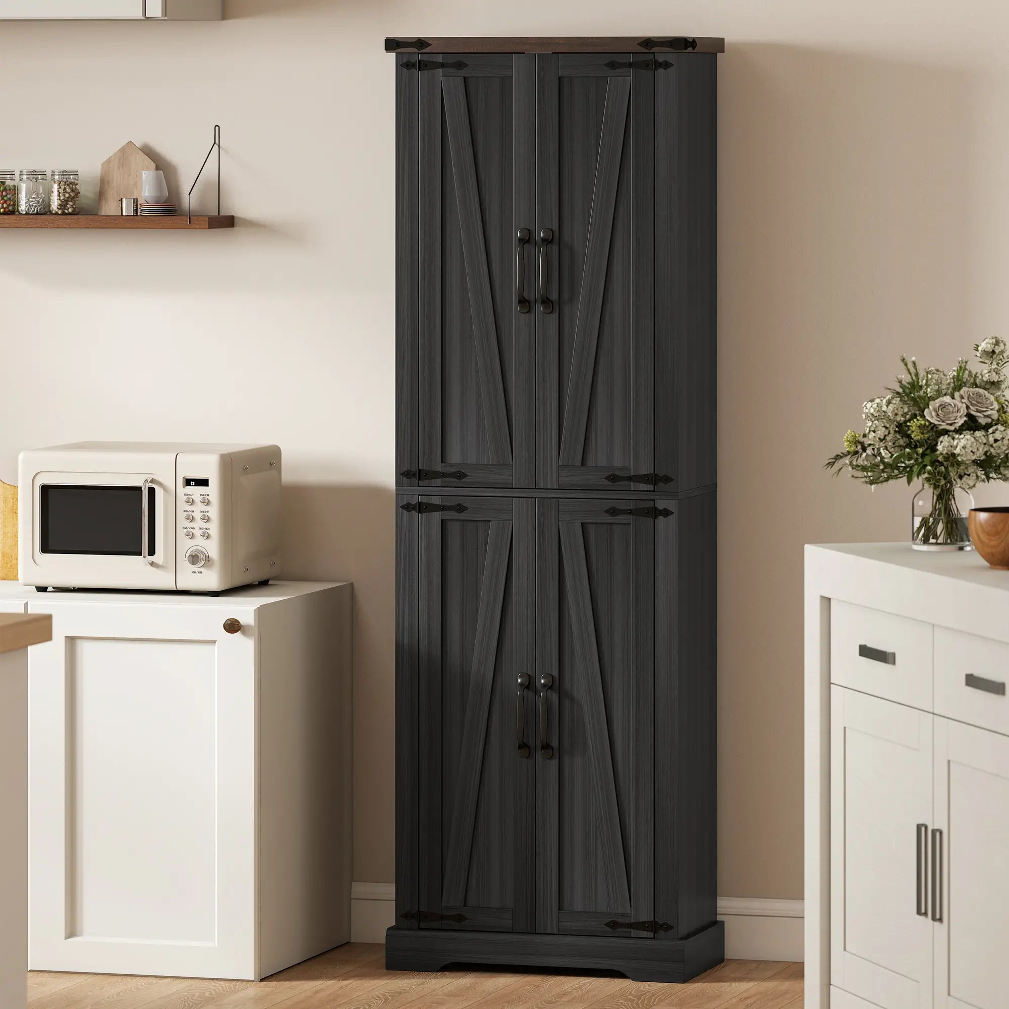 72 Inch Pantry Cabinet, Farmhouse Kitchen Storage with Adjustable Shelves, Black Kitchen Pantry Cabinets at Gallery Canada