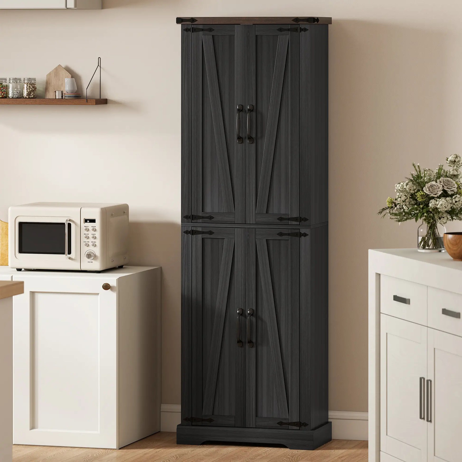 72 Inch Pantry Cabinet, Farmhouse Kitchen Storage with Adjustable Shelves, Black Kitchen Pantry Cabinets at Gallery Canada