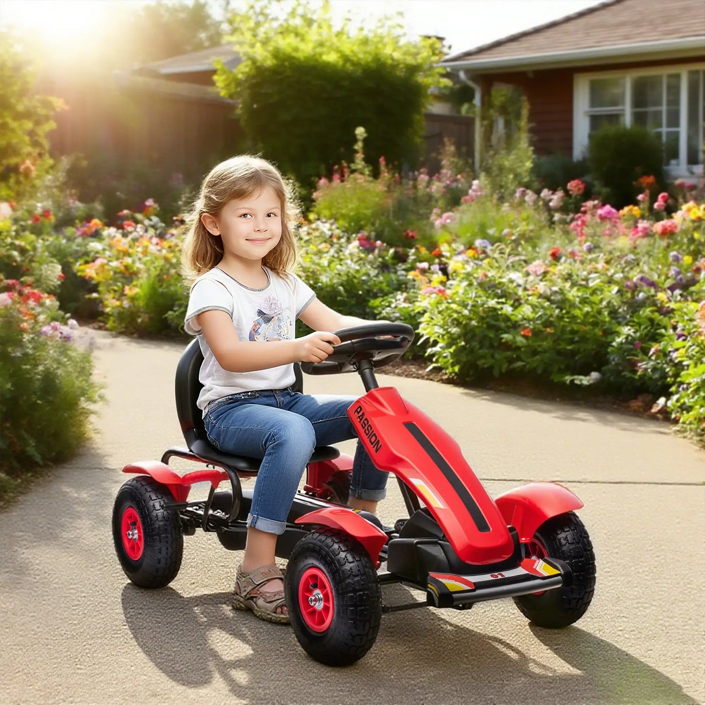Kids Pedal Go Kart, Adjustable Bucket, Handbrake, 4 Rubber Wheels, Red Pedal Go Karts for Kids at Gallery Canada