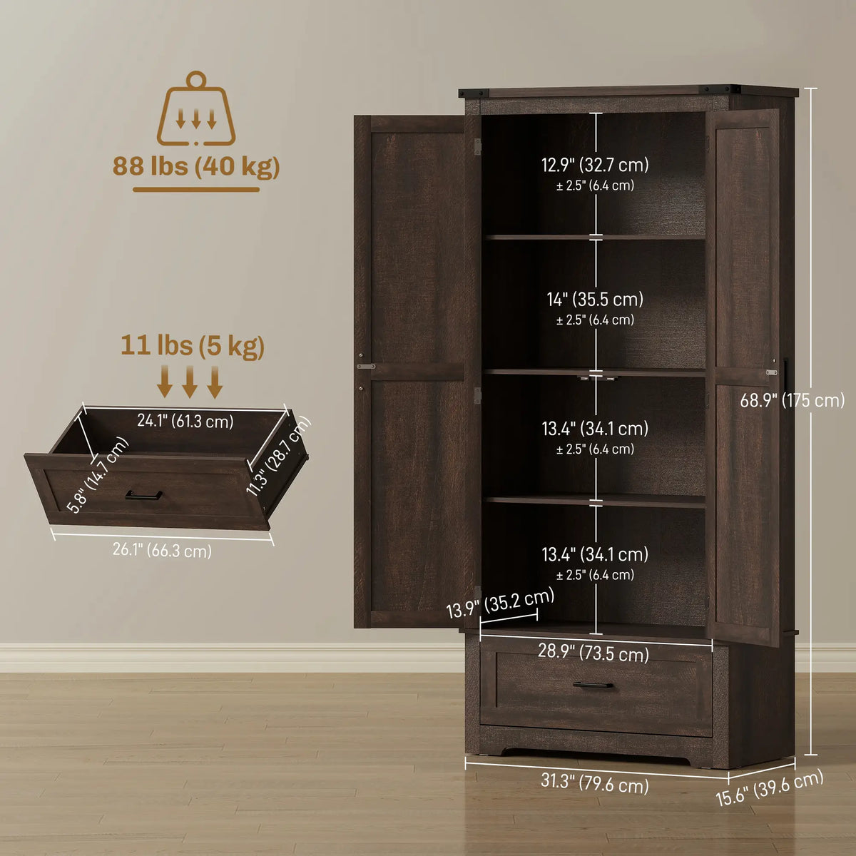 69" Tall Kitchen Pantry Cabinet, 2 Doors, Drawer, Adjustable Shelves, Dark Brown Kitchen Pantry Cabinets at Gallery Canada