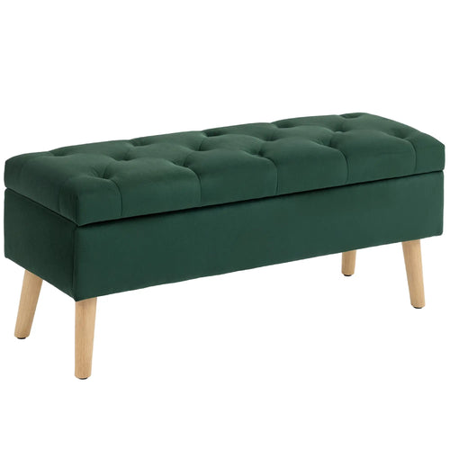 Velvet Storage Ottoman with Lid, Wood Legs, Dark Green