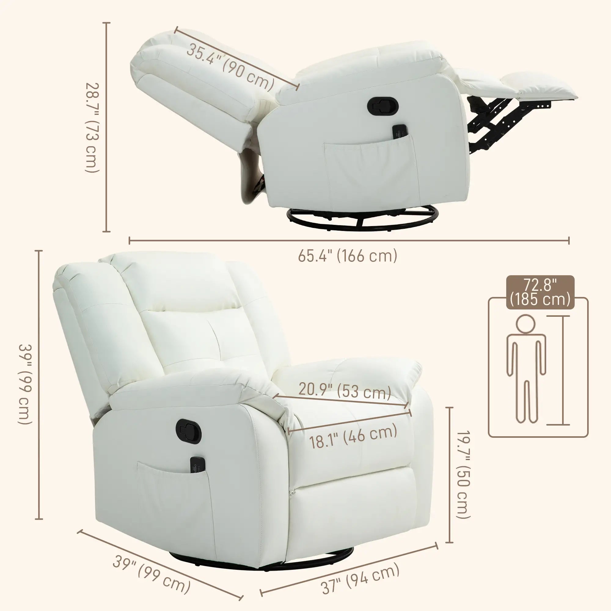 8-Point Vibration Massage Recliner Chair, PU Leather, Manual, Cream White Single Sofas at Gallery Canada