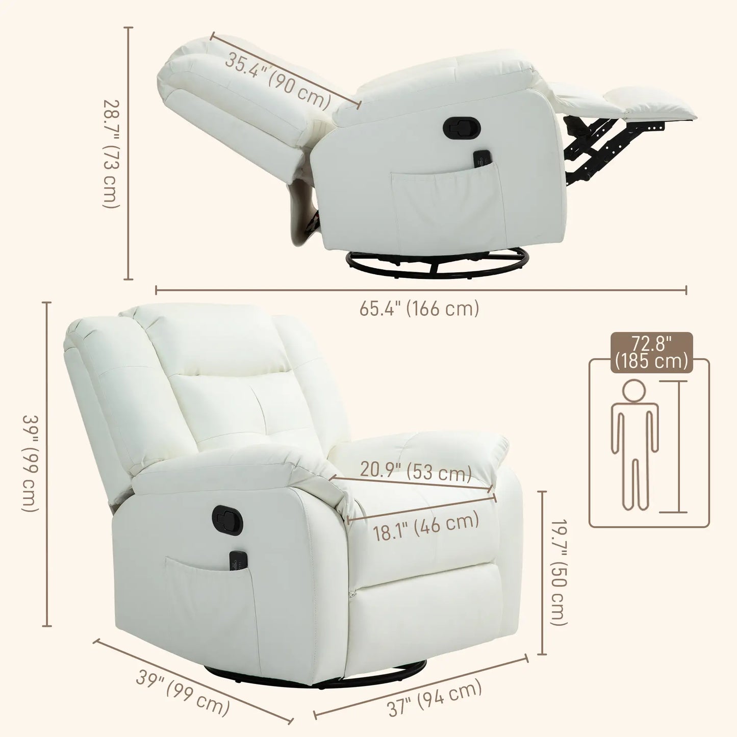 8-Point Vibration Massage Recliner Chair, PU Leather, Manual, Cream White Single Sofas at Gallery Canada