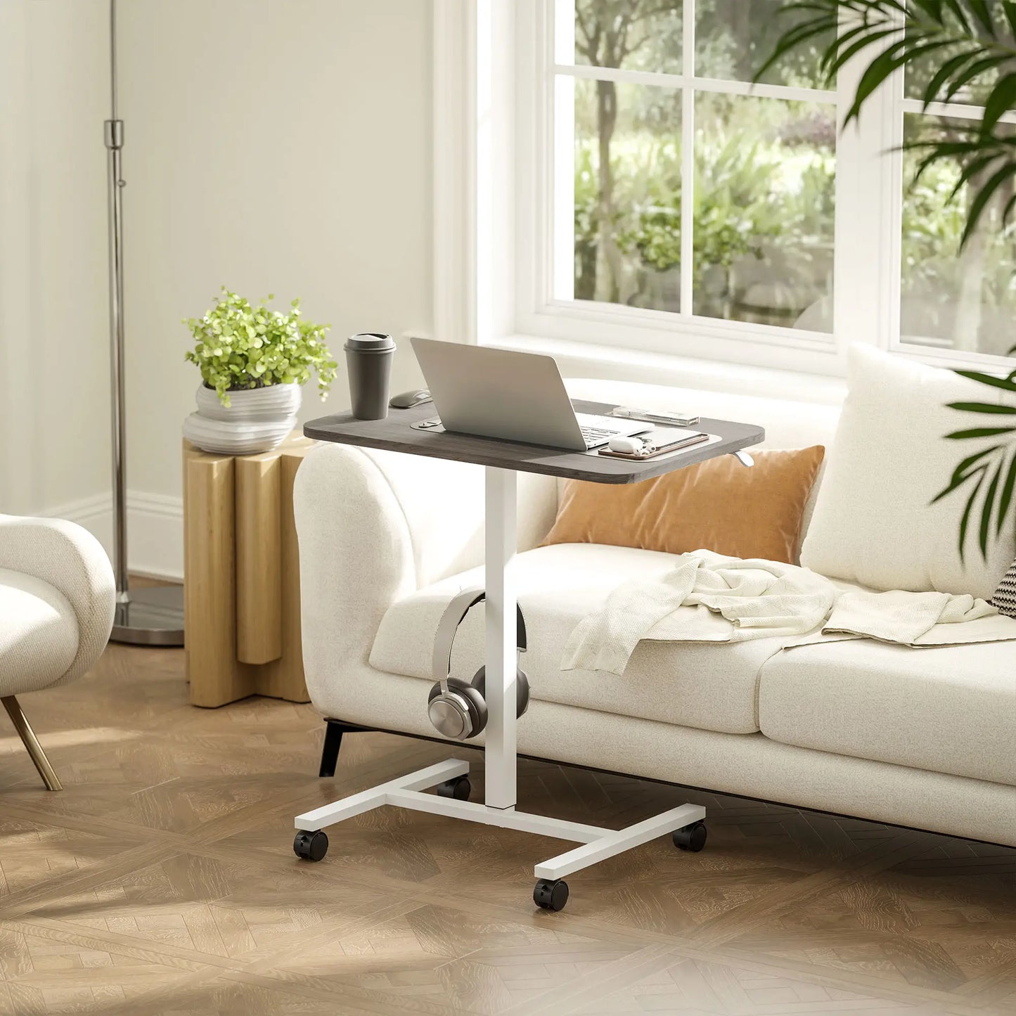 Height Adjustable Standing Desk, Pneumatic Sit Stand Desk with Wheels and Headphone Hook, Grey Office Desks & Work Stations at Gallery Canada