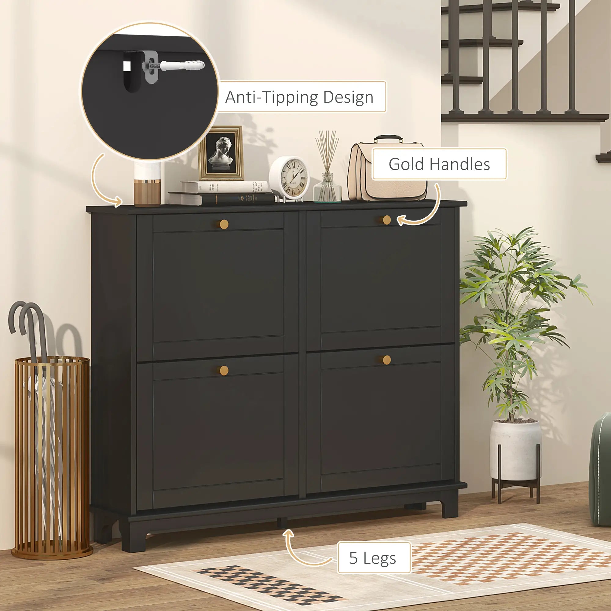 Modern Shoe Storage Cabinet, 4 Flip Drawers, Adjustable Shelves, 5 Legs, Black Shoe Storage Cabinets & Racks at Gallery Canada