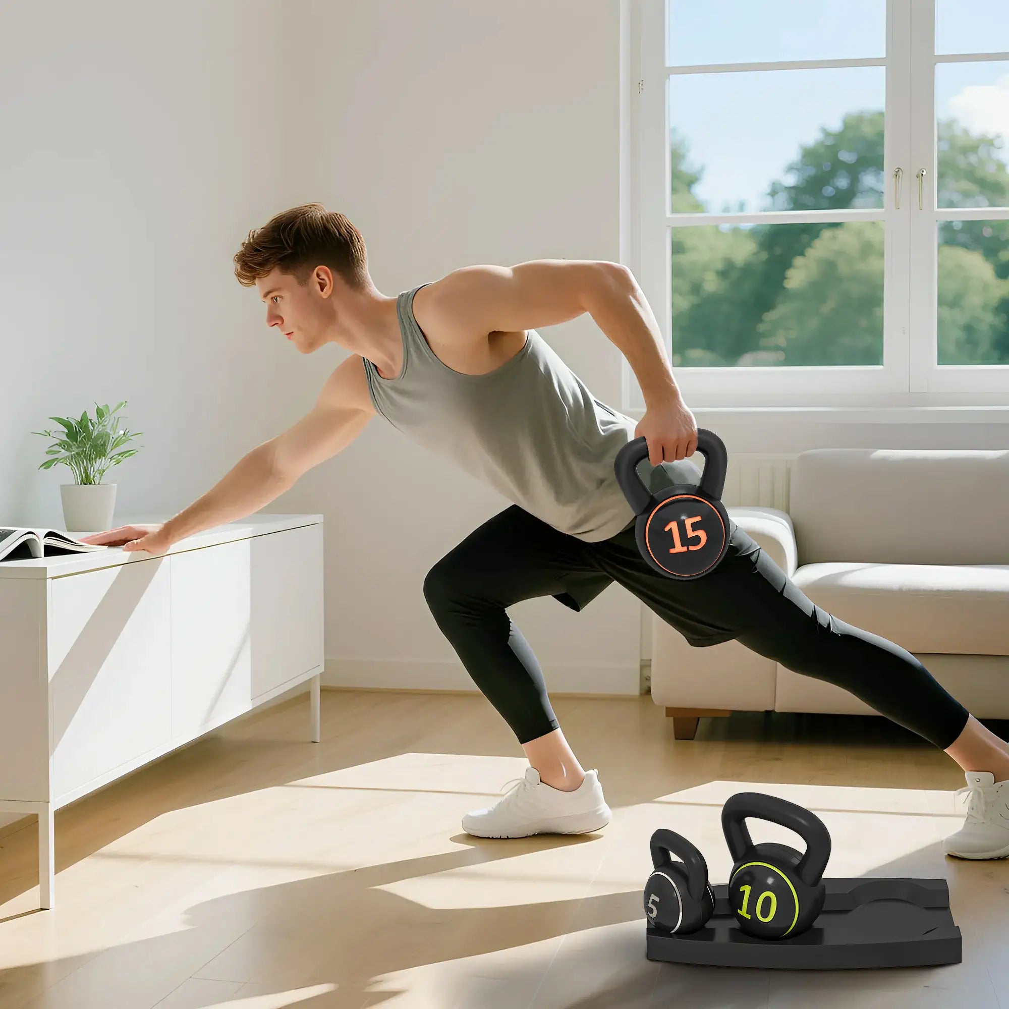 Three-Piece Kettlebell Set, 5lbs, 10lbs, 15lbs, with Stand Strength Training Equipment at Gallery Canada