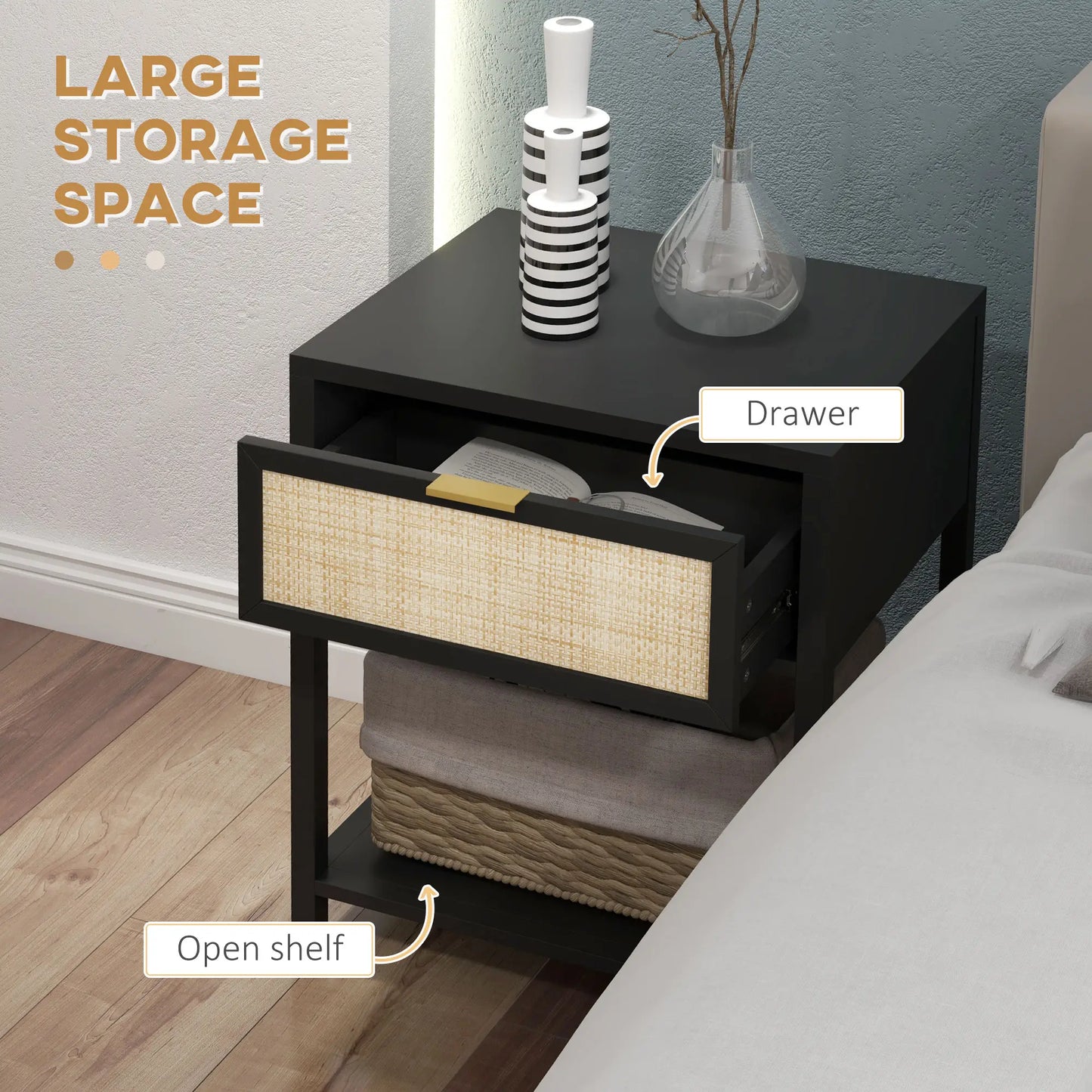 Boho Nightstand, Rattan Drawer, Open Shelf, Bedside Table, Black Bedside Tables at Gallery Canada